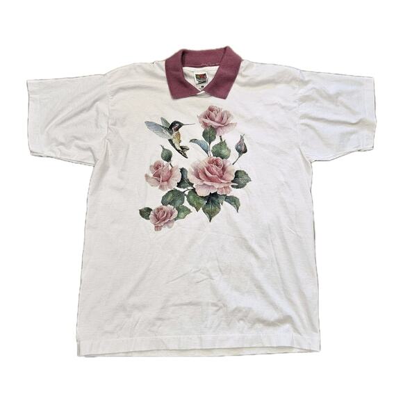 Vtg Floral Hummingbird Collared Tshirt Womens L Single Stitch 90s Cottage Boho - Picture 1 of 10